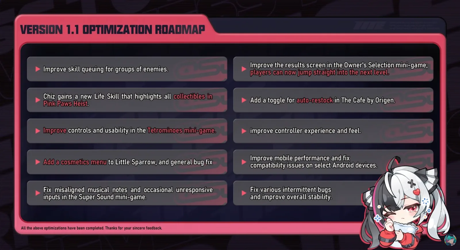 Version 1.1 optimization roadmap slide 2 shown during the livestream