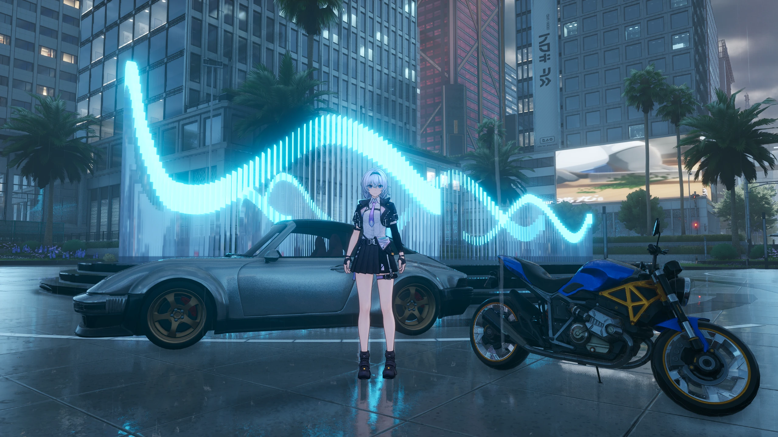 NTE character standing beside cars and motorcycles in a city street