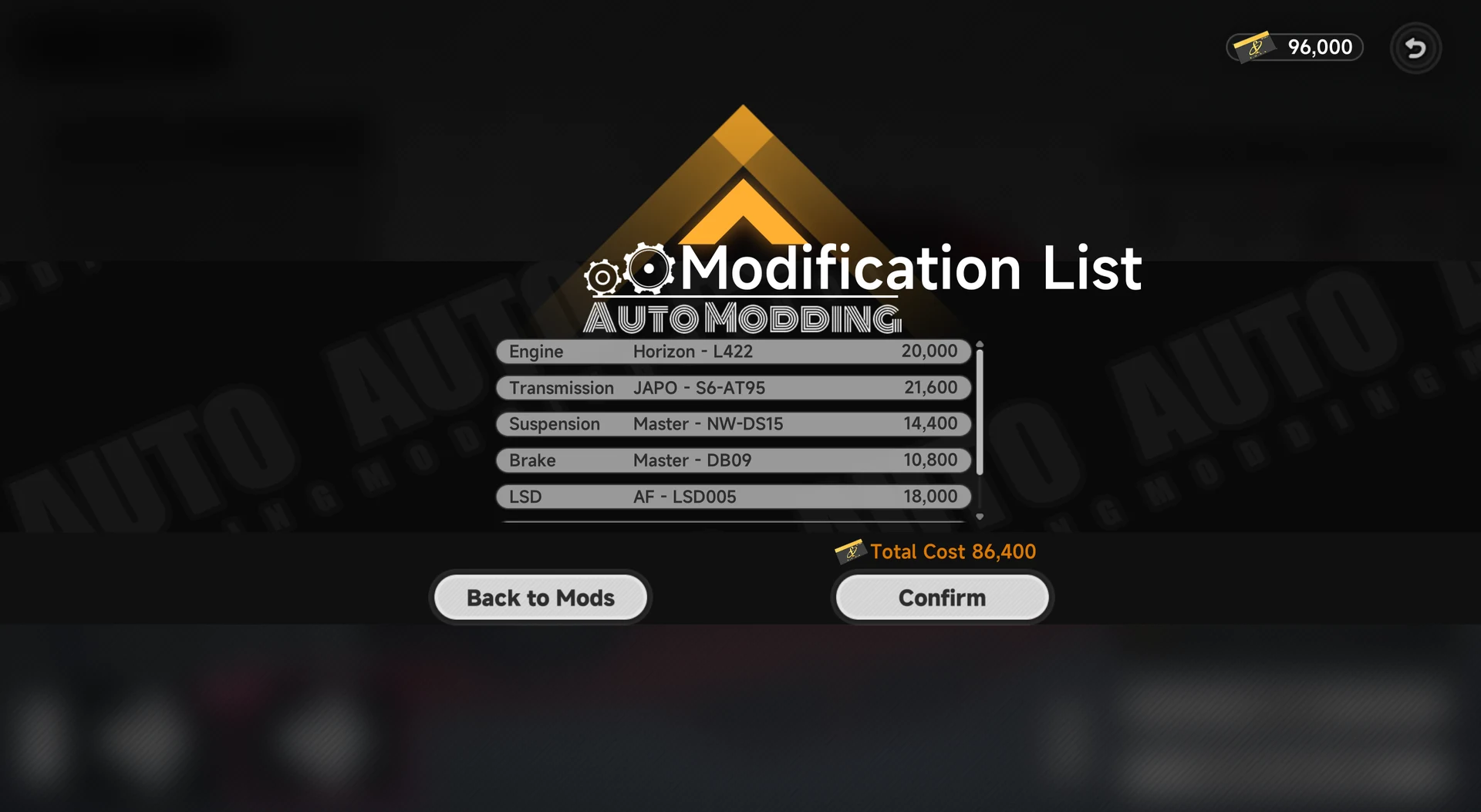 C2000 upgrade cost screen
