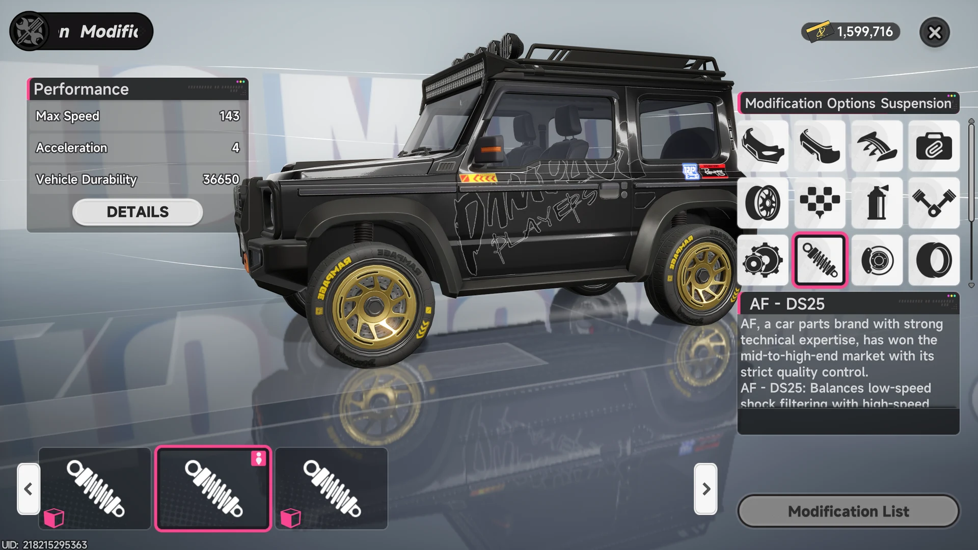 G3 suspension selection screen